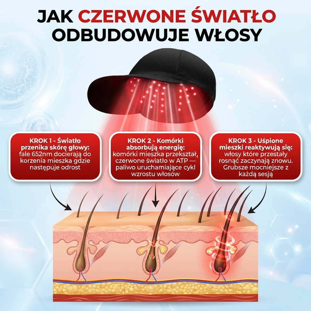 Czapka z czerwonym światłem na wzrost włosów